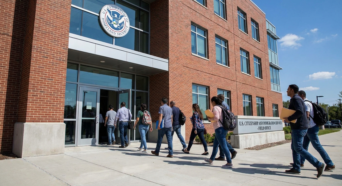A real photograph of the exterior of a USCIS field office building on a clear day, with people walking toward the entrance, documentary news photography style