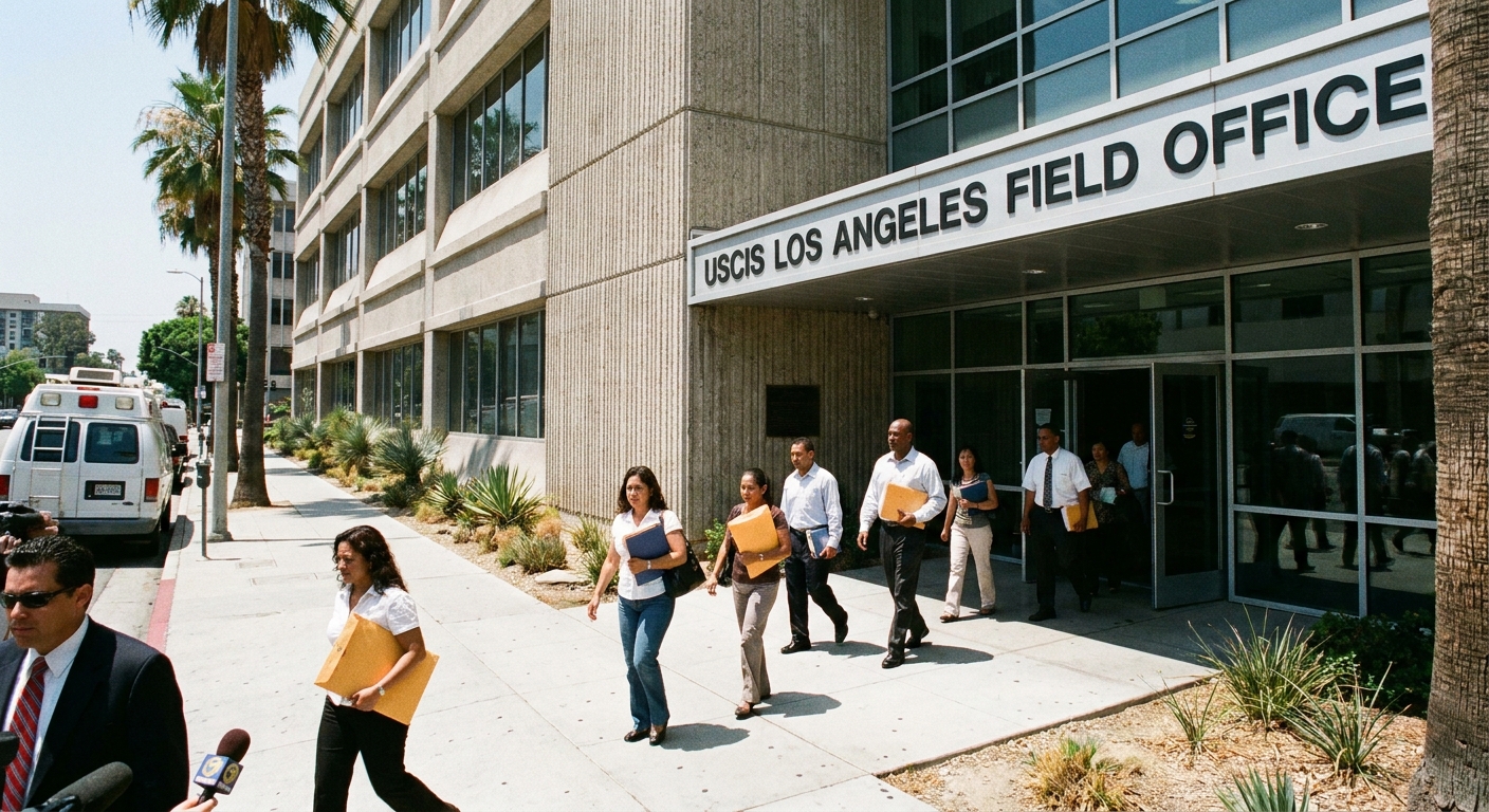 A real photograph of the exterior of a USCIS field office in California on a clear day with people walking toward the entrance, documentary news style