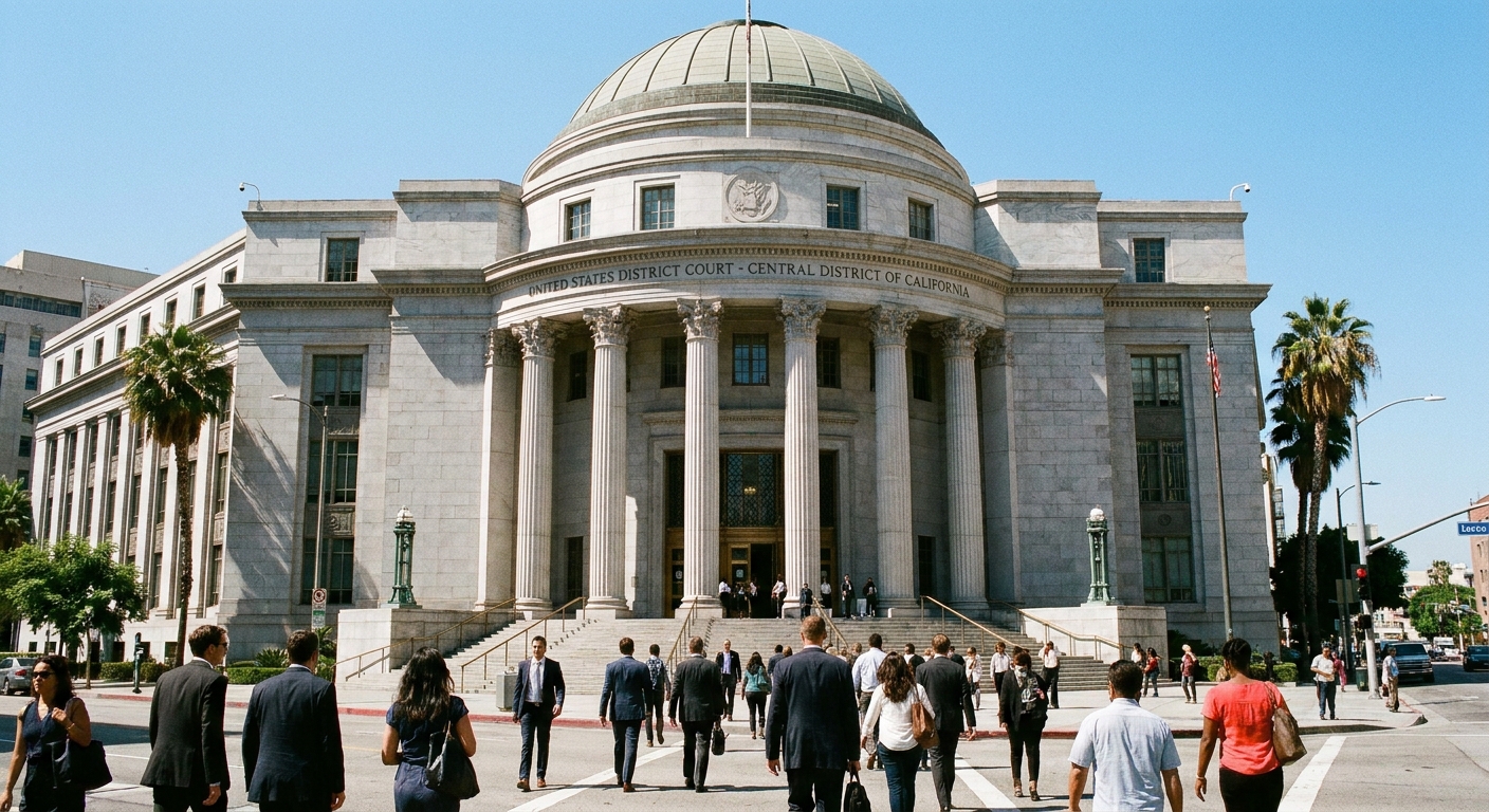 A real photograph of the exterior of a United States District Court building on a clear day, with people walking toward the entrance