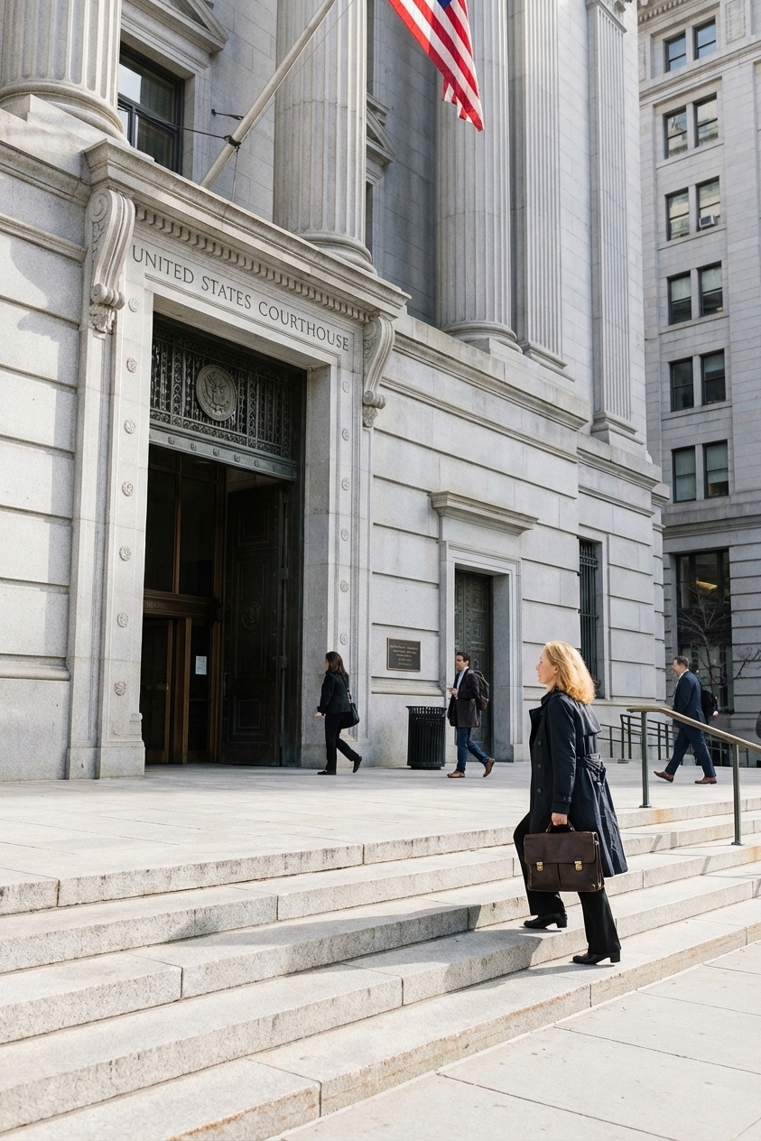 A real photograph of the exterior of a federal courthouse with broad stone steps, tall columns, and a few people walking near the entrance in daylight