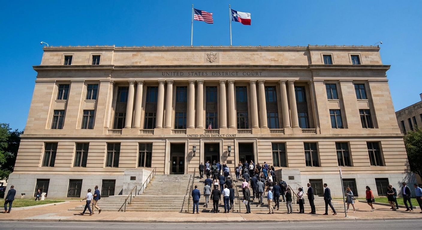 A real photograph of the exterior of a federal courthouse in Texas with people walking up the steps on a clear day, documentary news style
