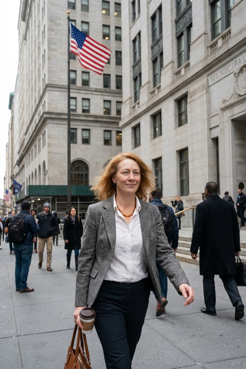 A real photograph of the exterior of a large city municipal building with people walking on the sidewalk and an American flag flying, daytime, news photography style