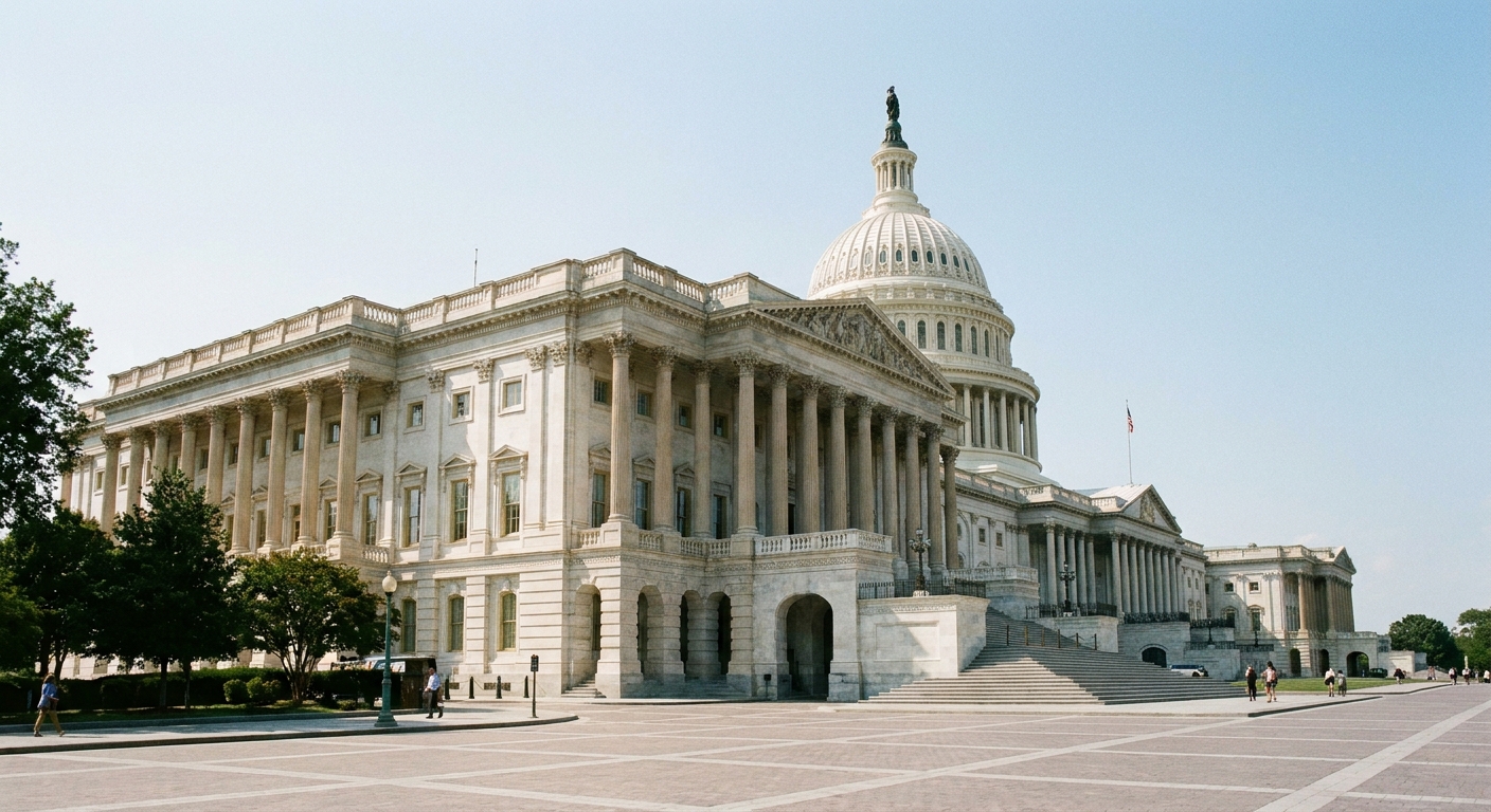 A real photograph of the exterior of the U.S. Capitol building focused on the House wing, taken in daylight with pedestrians in the distance