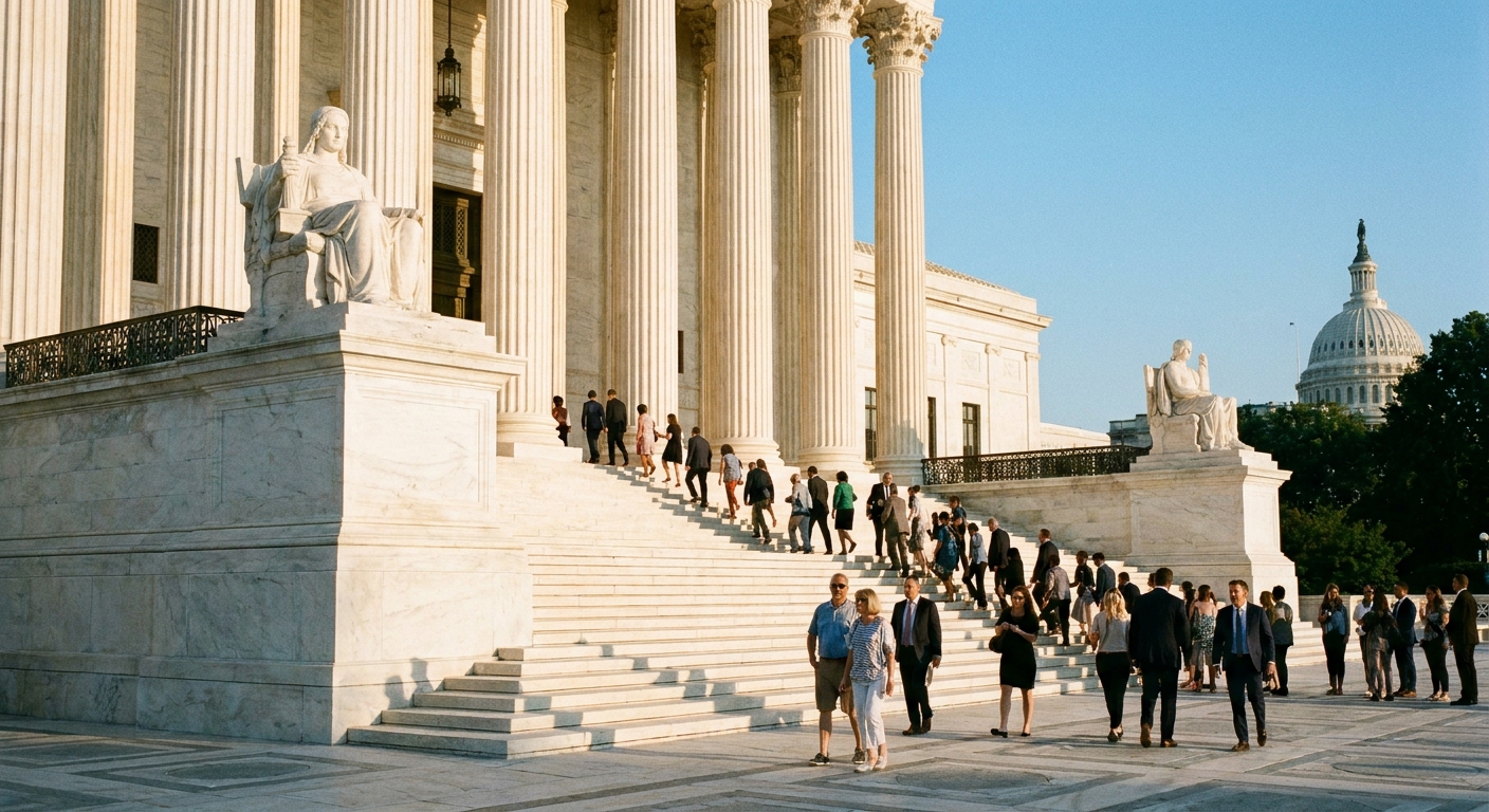 A real photograph of the front steps of the United States Supreme Court building in Washington, DC on a clear morning with people walking toward the entrance