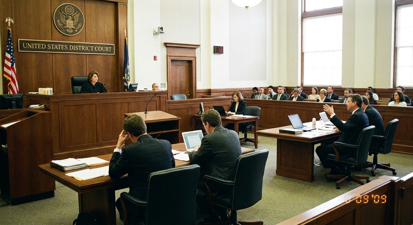 A real photograph of the interior of a United States District Court courtroom during a hearing, with the judge's bench visible and attorneys seated at counsel tables, news photography style