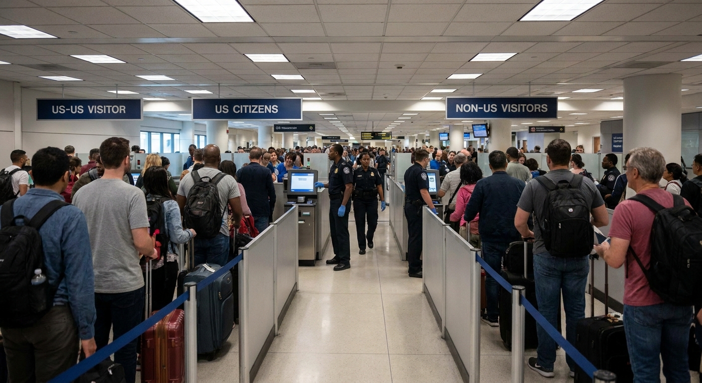 A real photograph of travelers standing in line at a U.S. airport passport control area with Customs and Border Protection officers in the background, news photography style