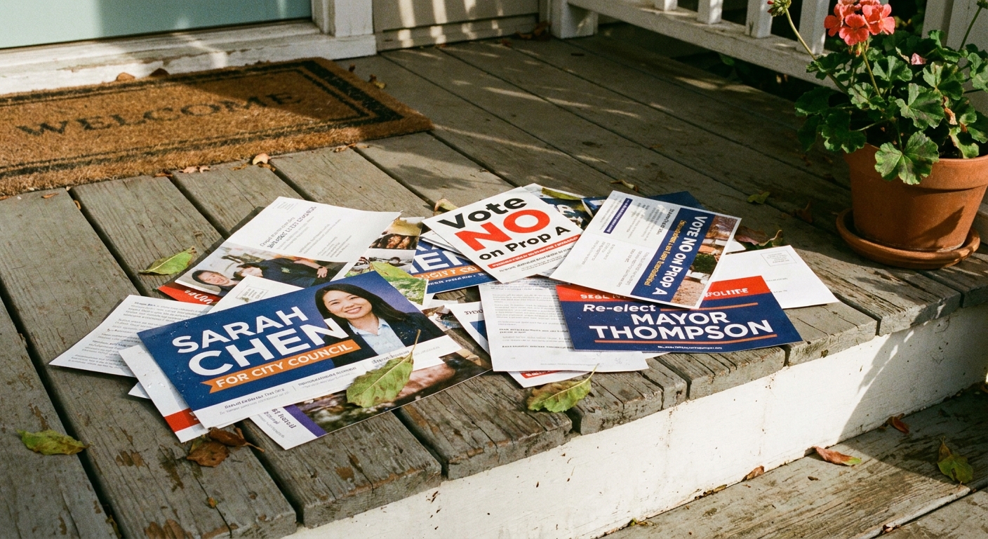 A real photograph-style close-up of several campaign mailers and political flyers stacked on a suburban front doorstep in daylight
