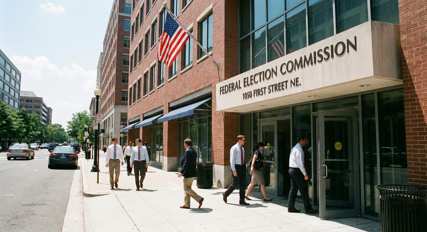 A real photograph-style view of the entrance to the Federal Election Commission building in Washington, DC, with pedestrians walking past on a clear day