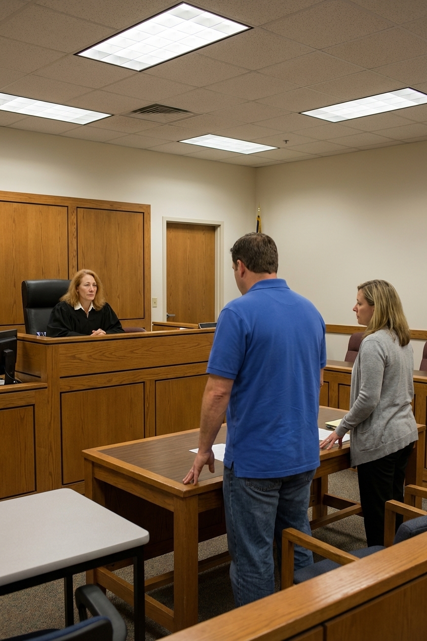 A real small claims courtroom during a hearing, with a judge seated at the bench and two self-represented parties standing at separate tables, neutral indoor courthouse lighting
