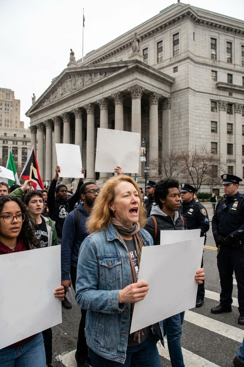 A real street protest scene with a diverse crowd holding blank signs, a courthouse in the background, and police standing at a distance, candid news photography
