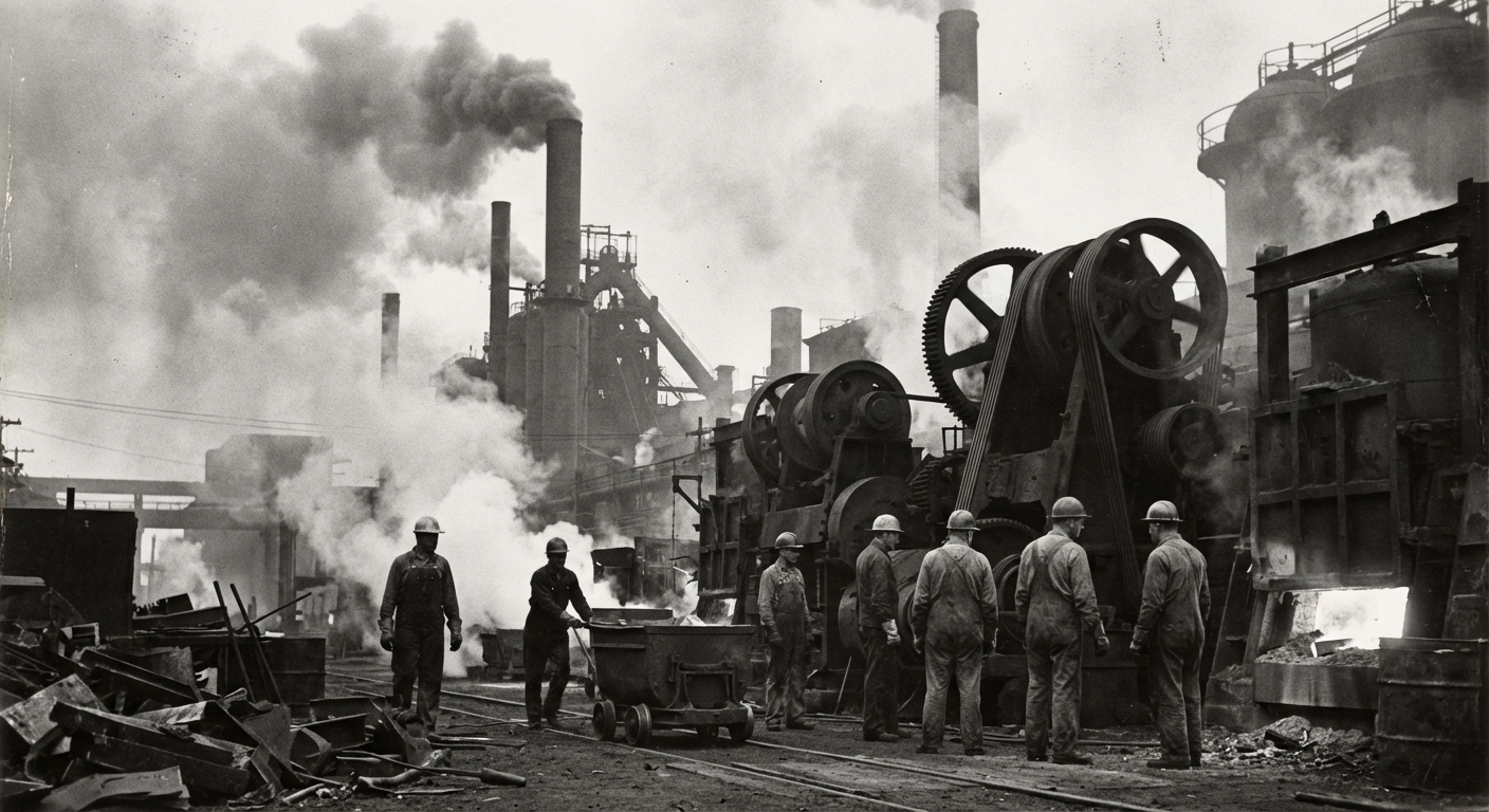 A realistic black-and-white style photograph of an active mid-century American steel mill with workers in hard hats near industrial machinery and smoke stacks, documentary photography style