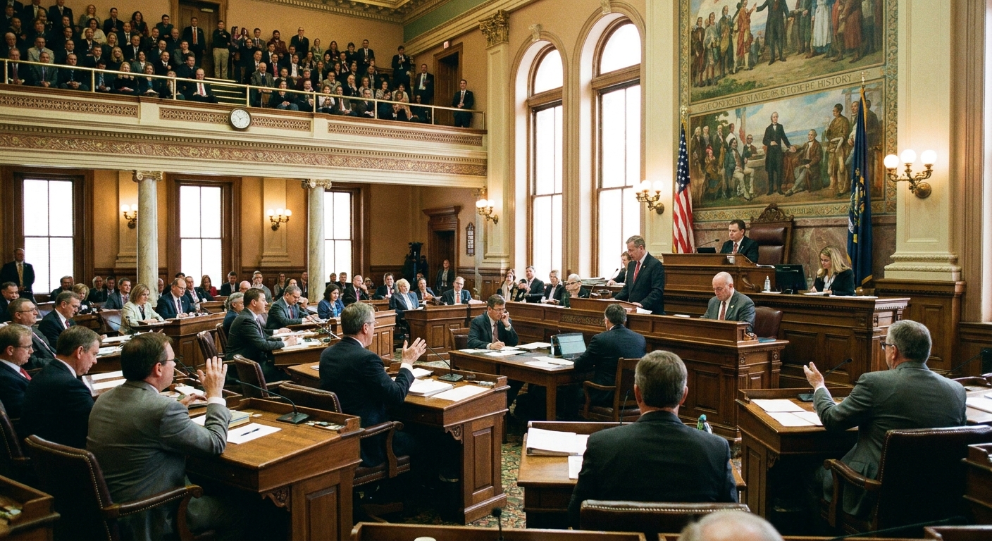 A realistic photograph inside a state capitol chamber during a legislative session, with lawmakers seated at desks and the presiding area visible