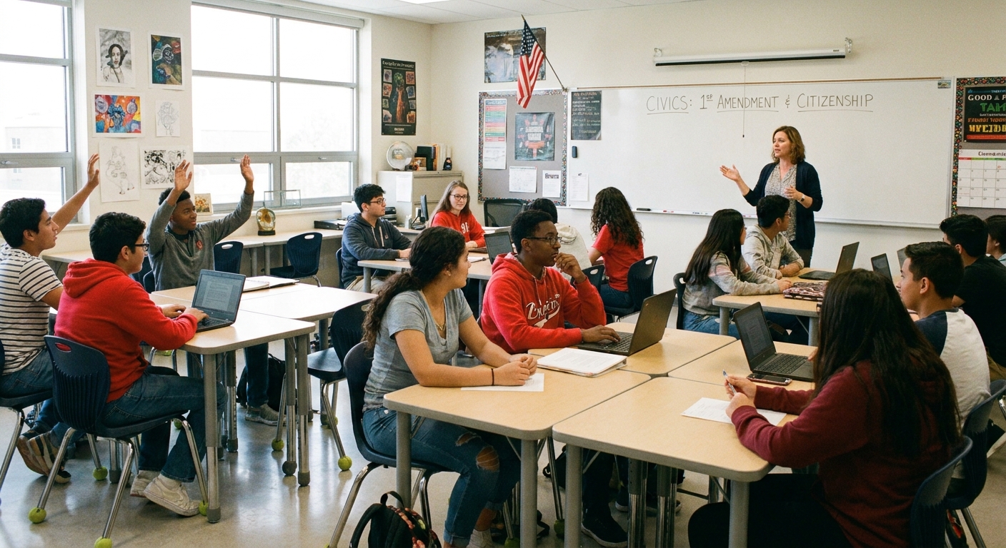 A realistic photograph of a modern American public high school classroom during a civics discussion, with students seated at desks and a teacher facilitating conversation at the front of the room