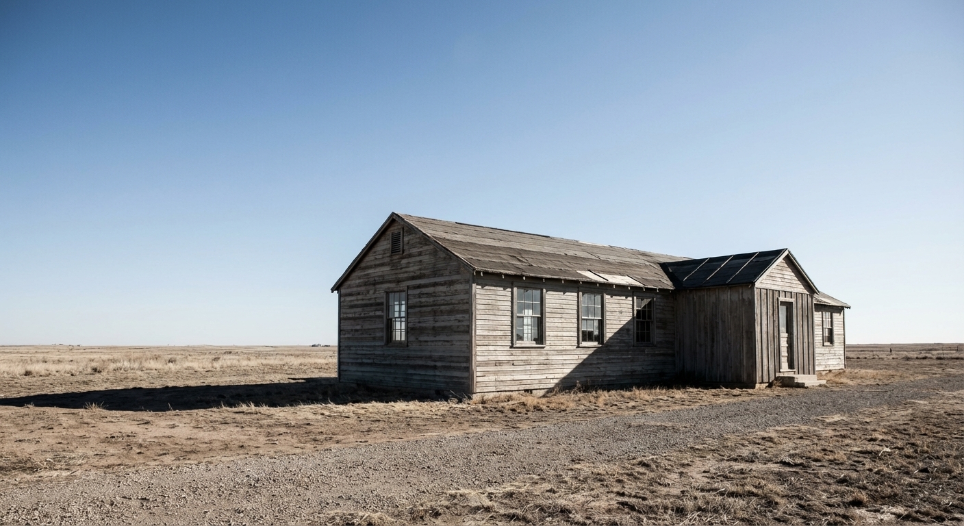A realistic photograph of a preserved World War II era barracks building at a historic site, shot from ground level with a wide sky and stark midday light, quiet and somber mood