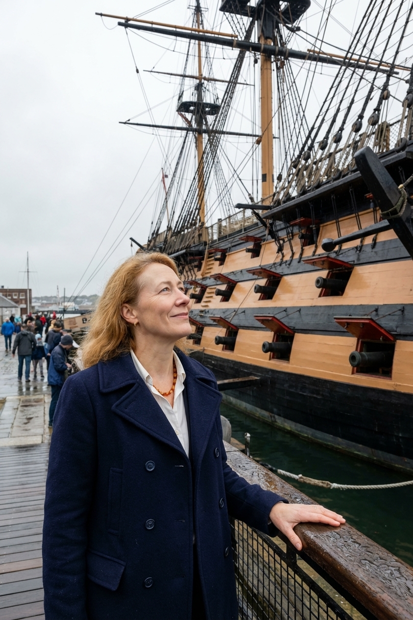 A realistic photograph of a preserved late 18th-century sailing warship docked at a harbor on an overcast day, with rigging and cannons visible, maritime history museum setting