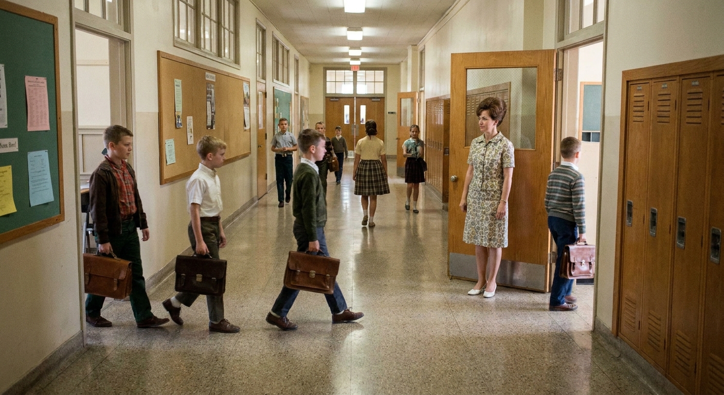 A realistic photograph of a quiet 1960s era public school corridor in Des Moines, Iowa, with students walking to class and a teacher monitoring the hallway, natural indoor lighting