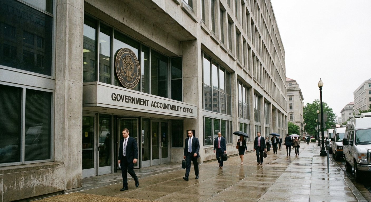 A realistic photograph of the Government Accountability Office building in Washington, DC, with the entrance visible and pedestrians walking nearby, news photography style