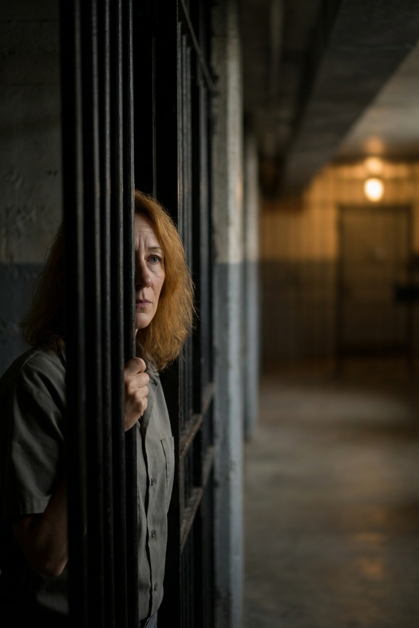 A realistic photograph taken from inside a jail cell looking out through metal bars into a dim hallway, shallow depth of field, moody lighting