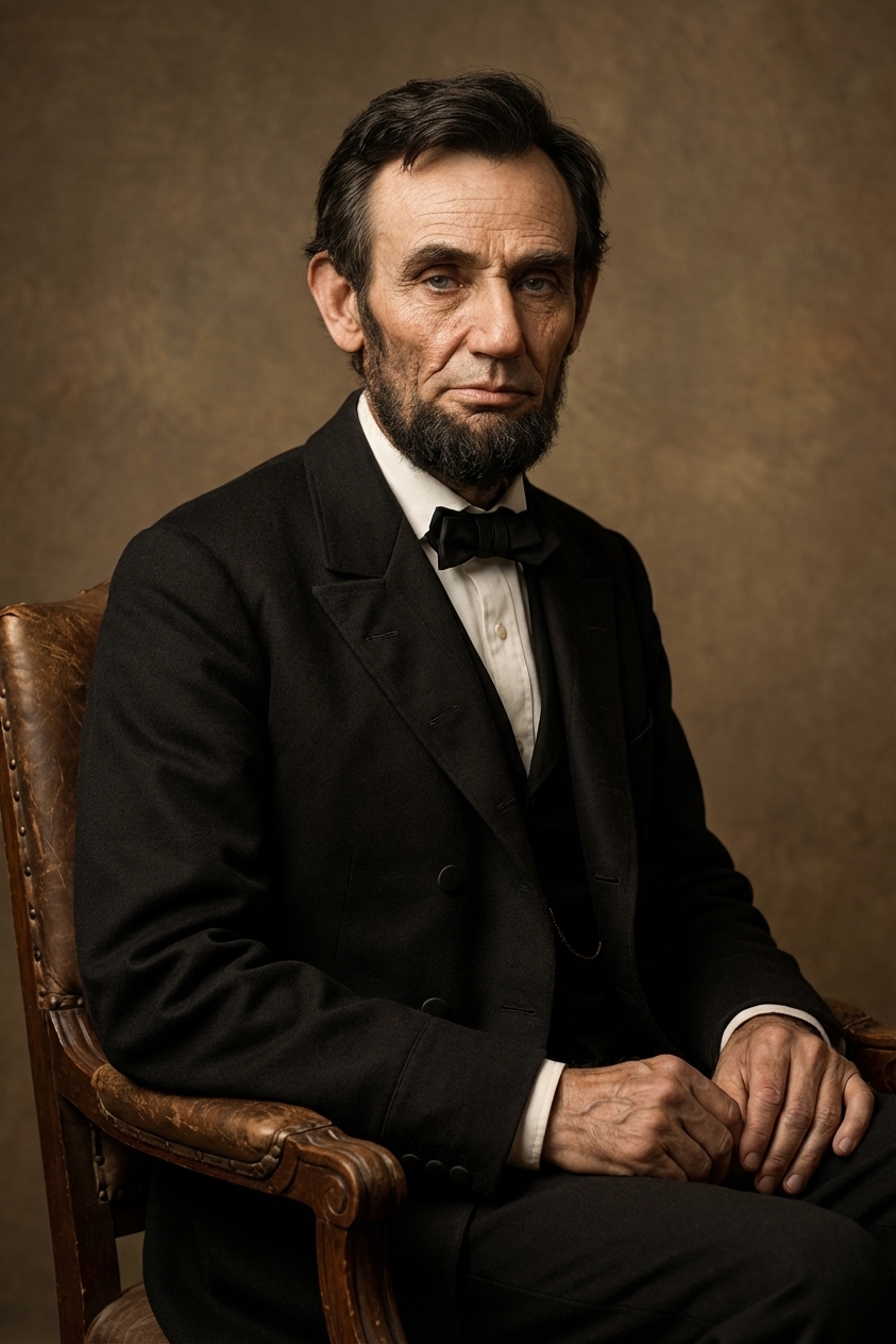 A realistic photographic-style portrait of Abraham Lincoln seated indoors with a solemn expression, period-appropriate clothing, soft directional lighting