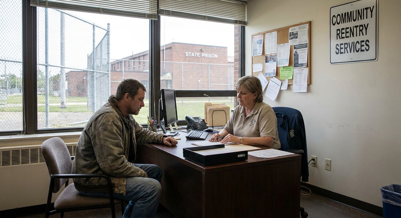A recently released individual sitting with a parole officer in a reentry office near a state prison facility, natural light, documentary photography style