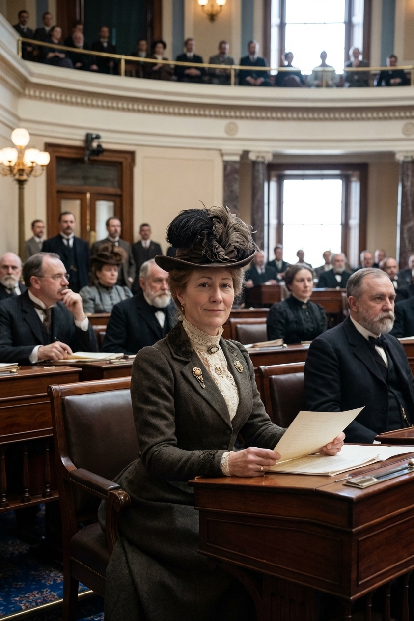 A reconstructed historical scene of a late 19th-century U.S. Capitol interior with lawmakers seated at desks during a congressional session, period-accurate clothing, documentary photography style