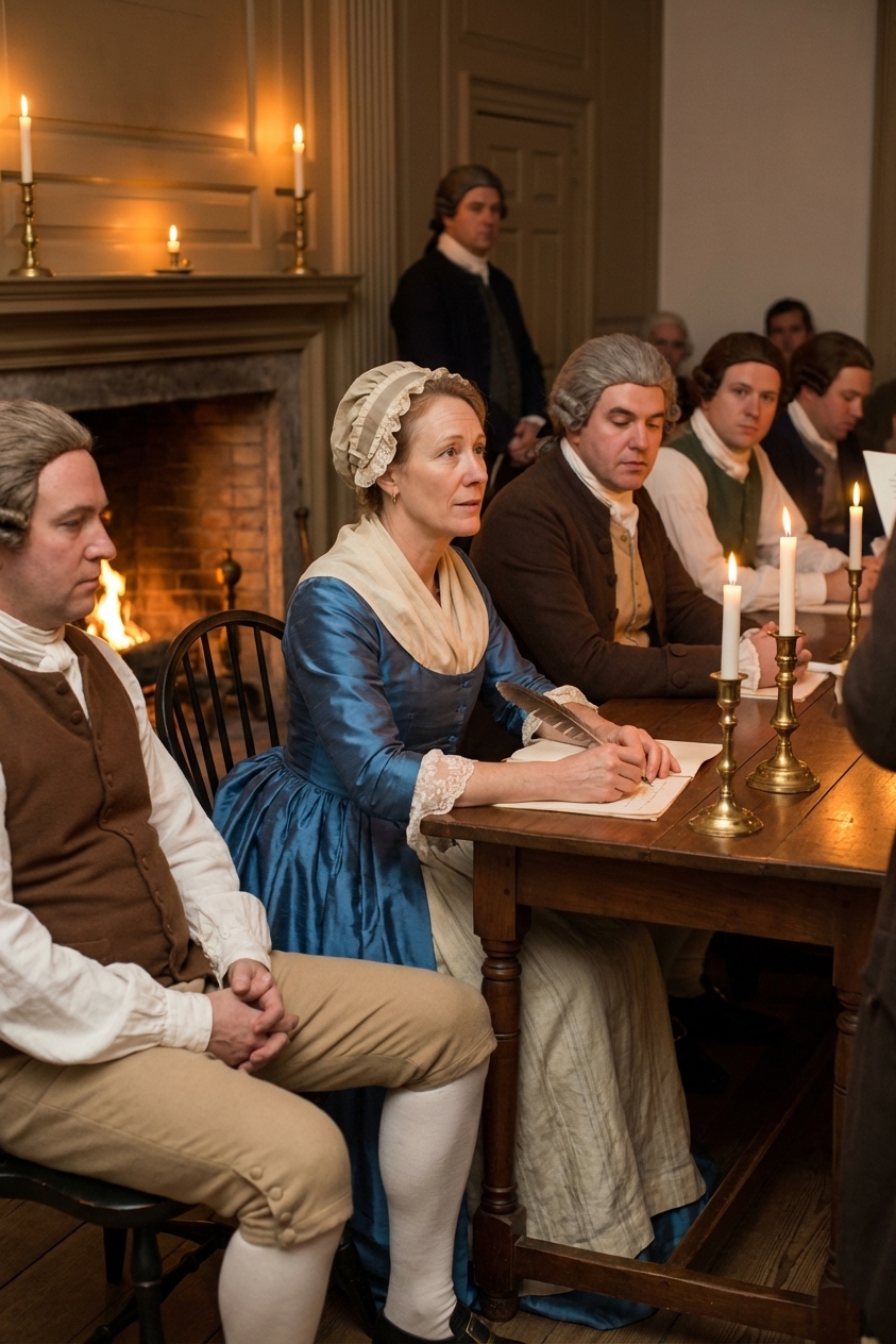 A reenactment-style photograph of people in eighteenth-century clothing seated in a hall resembling the Constitutional Convention, candlelit interior, realistic documentary photo