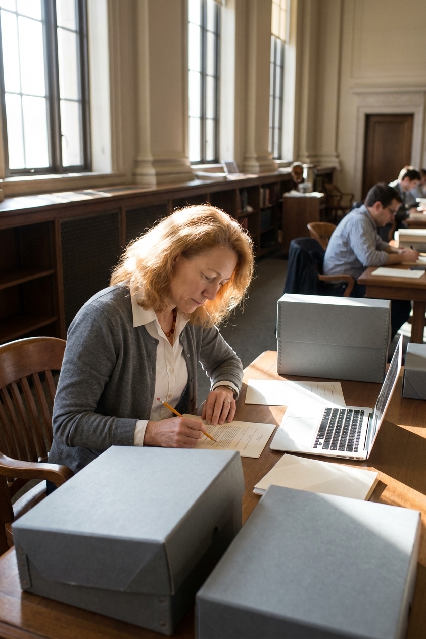 A researcher seated at a desk in a National Archives reading room in Washington, DC with archival boxes and a laptop, candid documentary photo