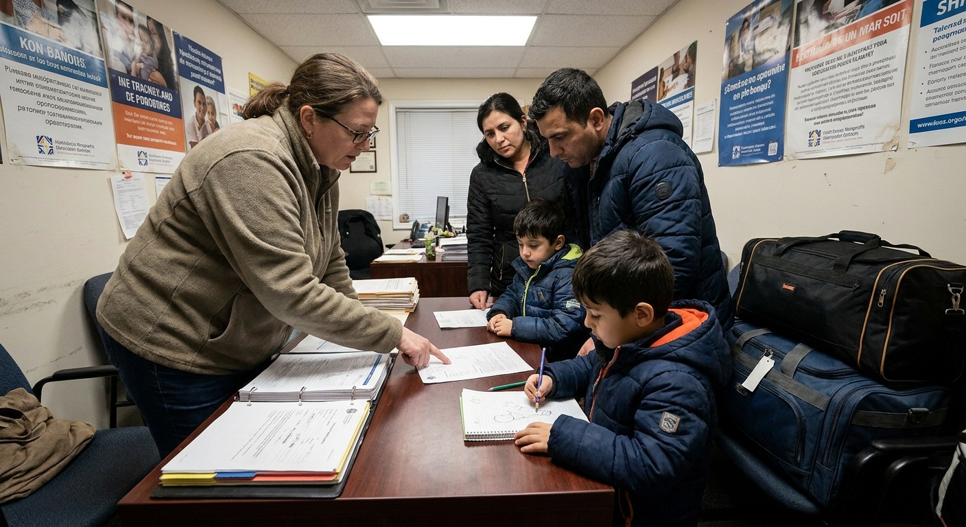 A resettlement caseworker sitting at a desk with a newly arrived family reviewing paperwork in a small nonprofit office, documentary news photography style