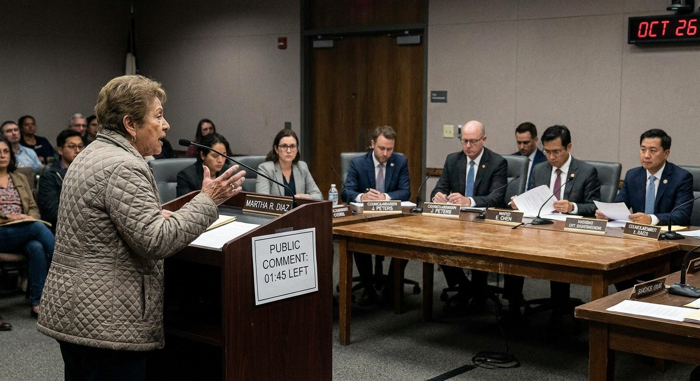 A resident standing at a microphone during a city council public comment session, with council members seated in the background, documentary news photography style