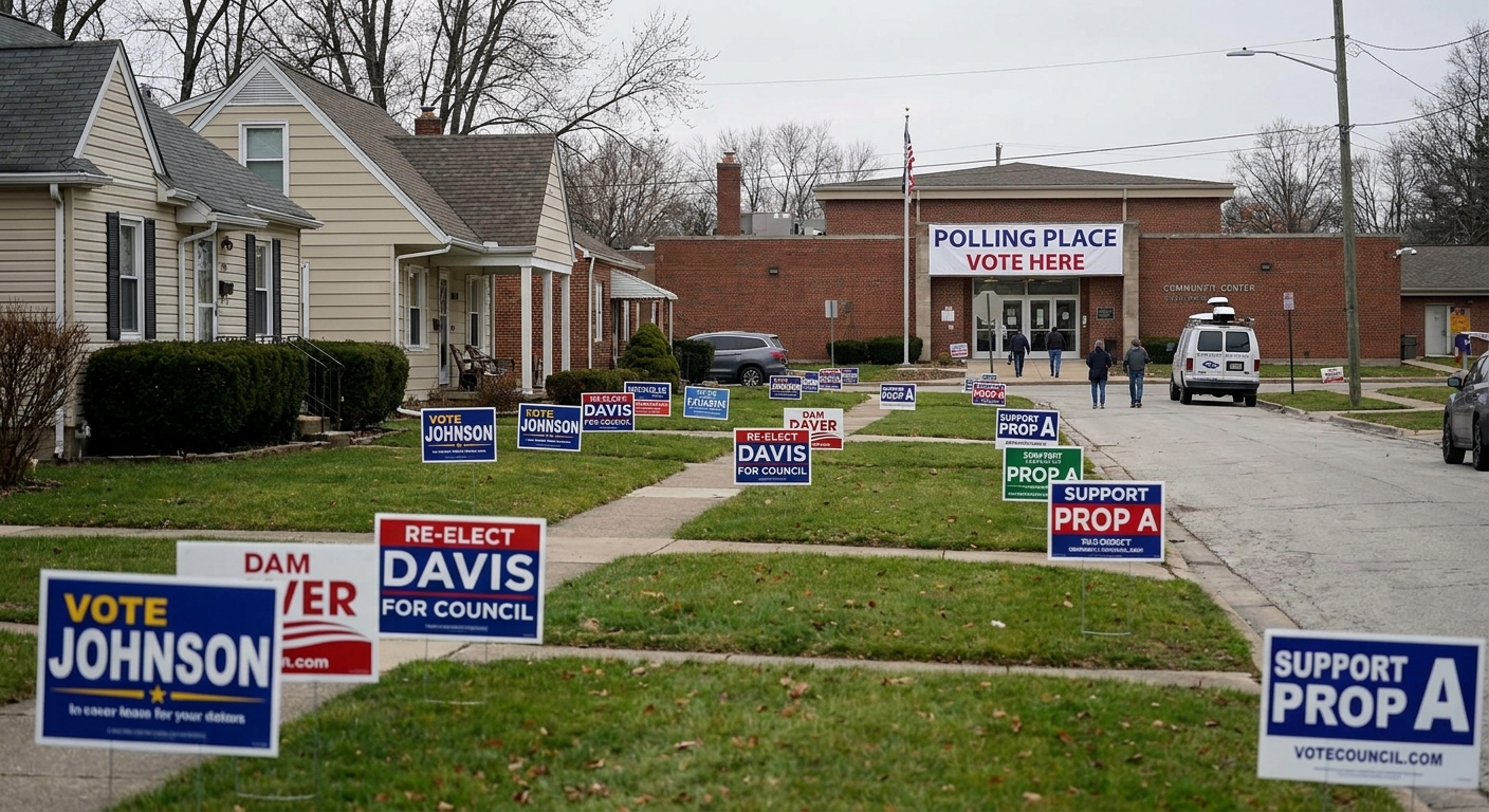 A residential neighborhood street lined with multiple campaign yard signs near a polling place during an election season afternoon, news photography style