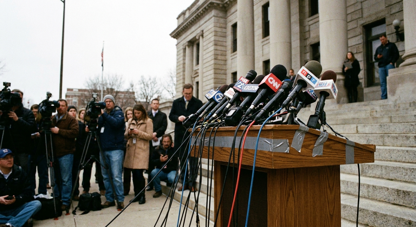 A row of press microphones set up on courthouse steps moments before a public statement, news photography style