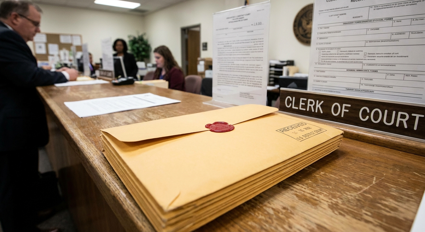 A sealed manila envelope stamped and placed on a counter inside a United States District Court clerk’s office, news photography style