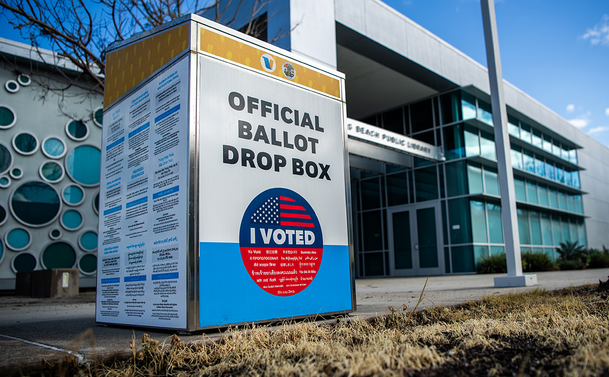 A secured California ballot drop box used for returning vote-by-mail ballots