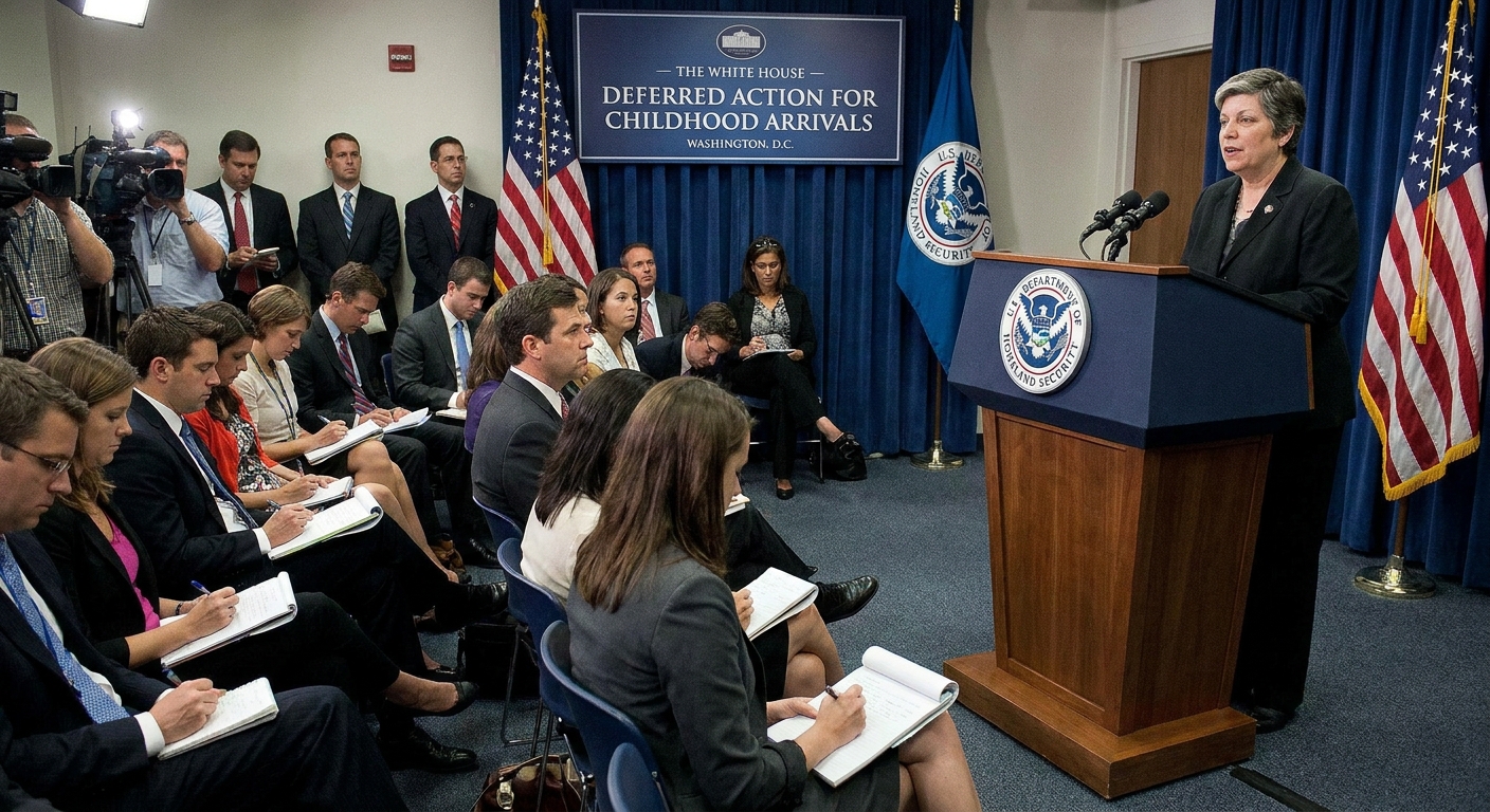 A senior U.S. government official speaking at a podium in Washington, D.C. during a 2012 announcement related to Deferred Action for Childhood Arrivals, with reporters seated in front, news photography style