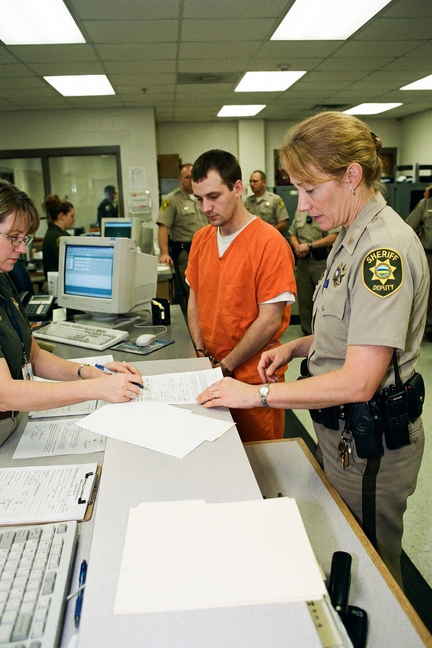 A sheriff's deputy standing beside a defendant at a county jail booking desk while paperwork is processed, candid news photography style