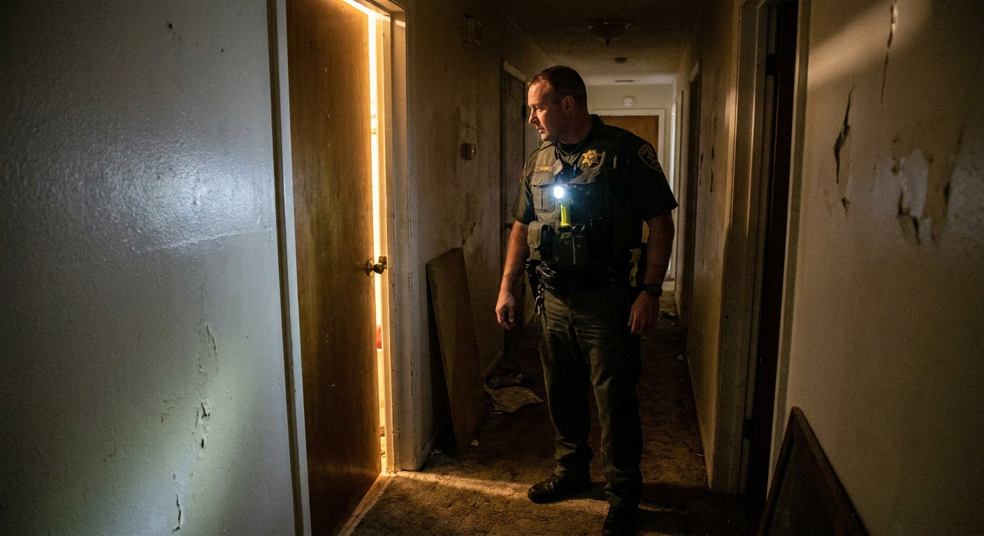 A sheriff's deputy standing in a dim apartment hallway near a partially open door, realistic documentary photography style