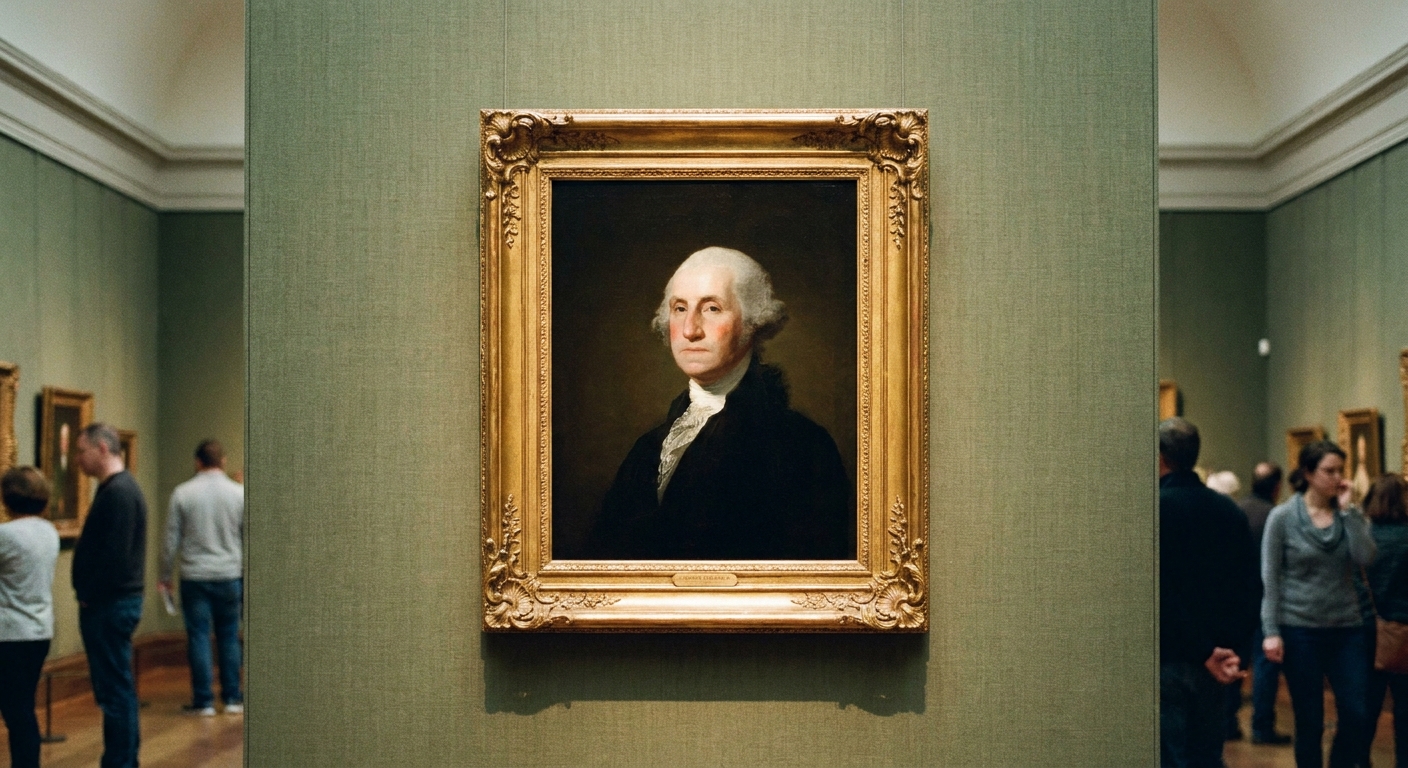 A single framed portrait of George Washington hanging in a museum gallery with soft lighting, photographed head-on in a realistic documentary style
