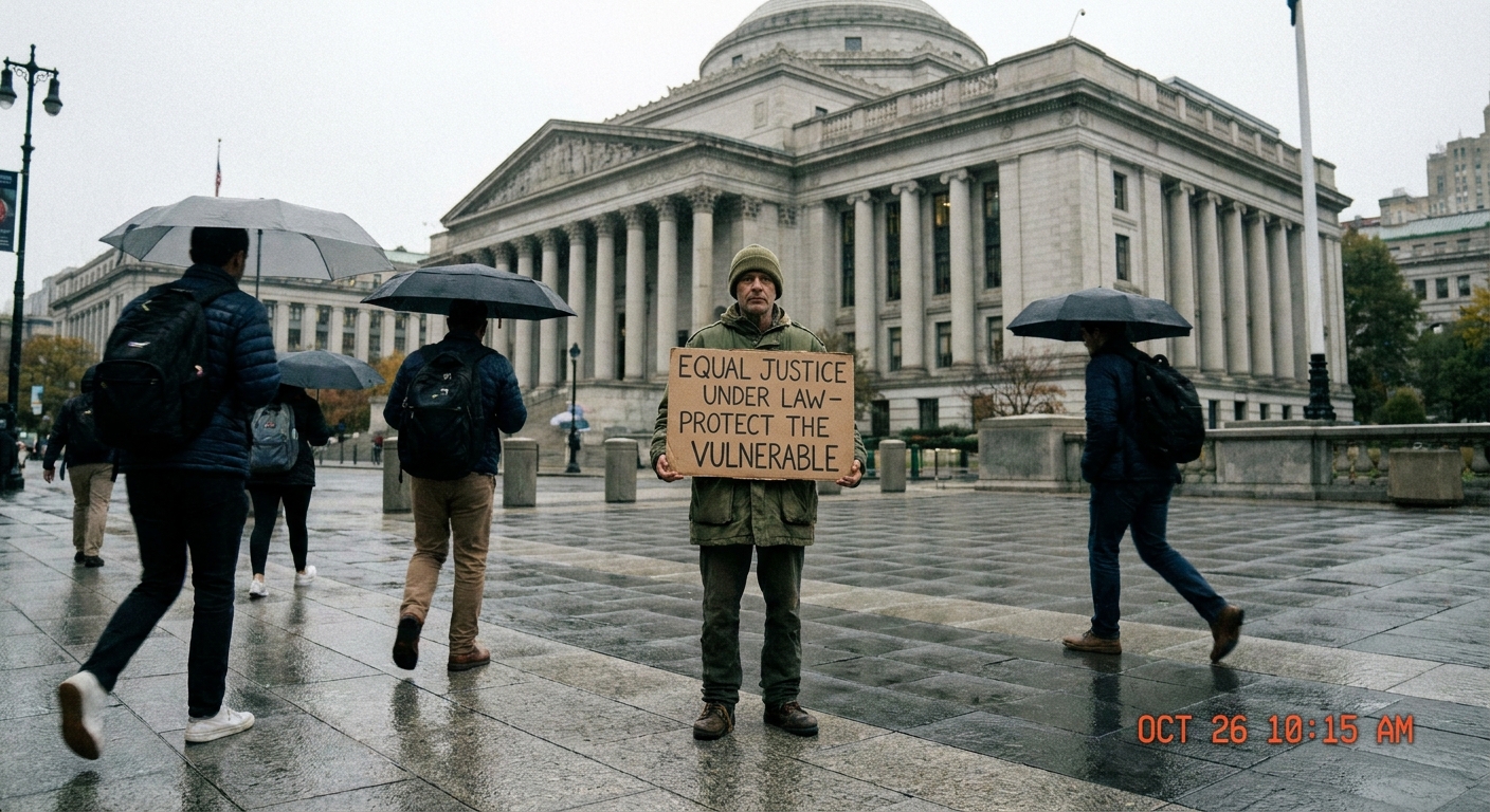 A single protester standing quietly on a courthouse plaza holding a sign while pedestrians walk by, real news photography style