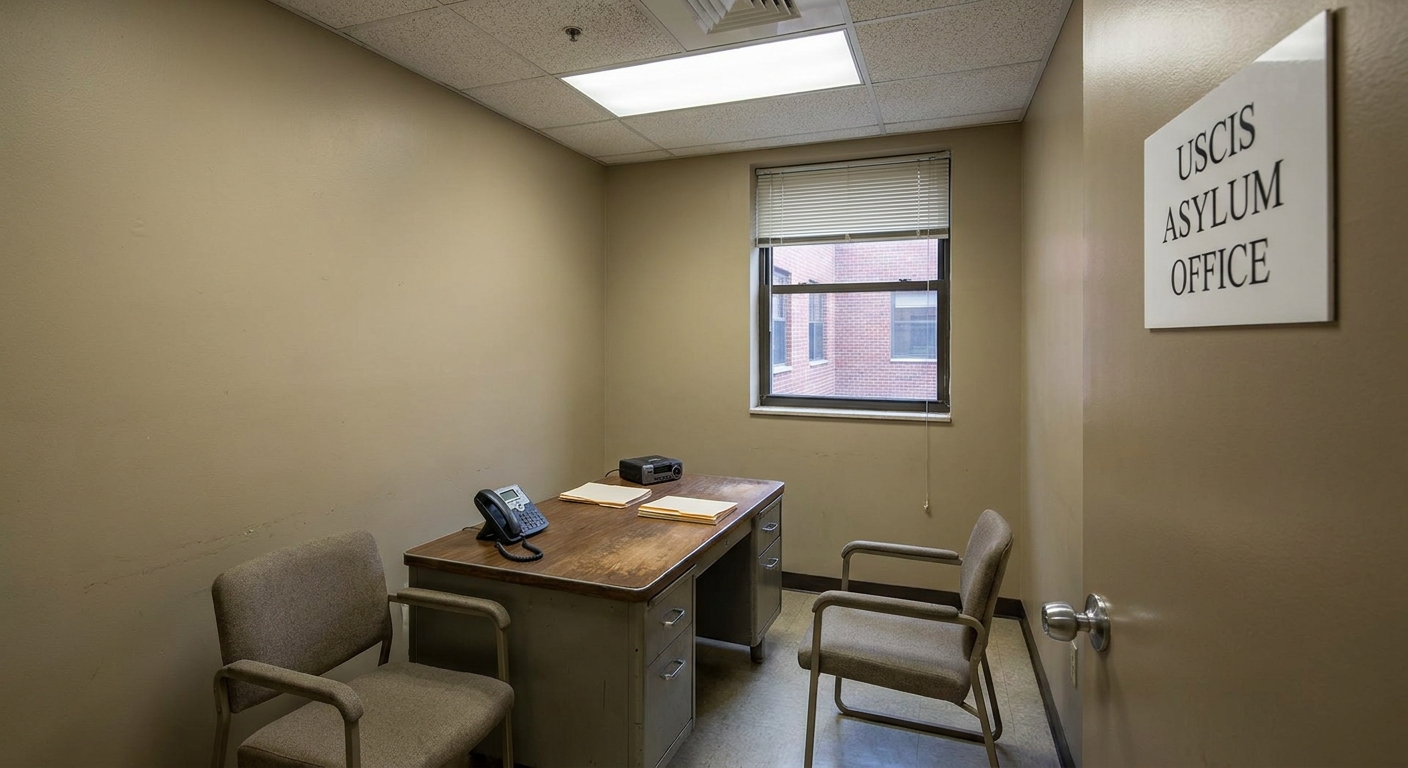 A small government interview room with a desk, two chairs, and a phone speaker, set up for an asylum officer interview in a federal building, realistic photojournalism style