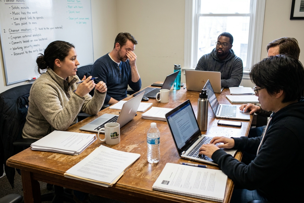 A small nonprofit staff meeting around a conference table with paperwork and laptops, candid documentary news photography style