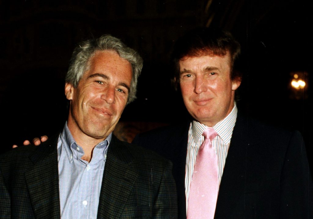 A social event photograph taken at Mar-a-Lago in Palm Beach, Florida in February 2000 showing Donald Trump, Melania Trump, Jeffrey Epstein, and Ghislaine Maxwell posing together, news photography style
