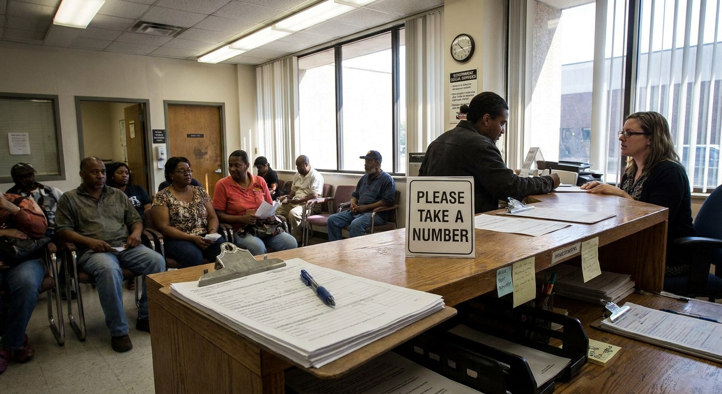 A social services intake desk in a government office with a clipboard and forms on the counter, natural indoor lighting, documentary photography style