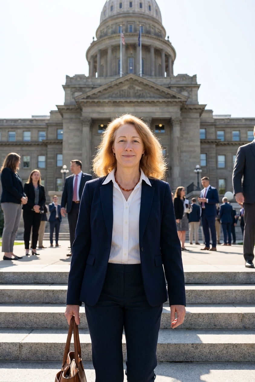 A state capitol building exterior on a clear day with people walking on the steps, realistic news photography