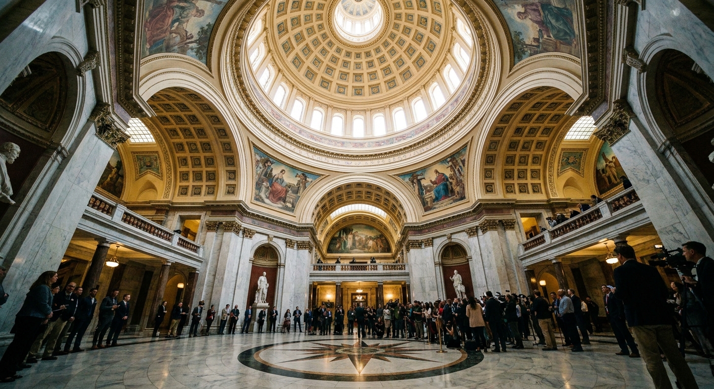 A state capitol building rotunda interior with a high dome ceiling, natural light, and marble floors, photographed from the center looking upward, news photography style