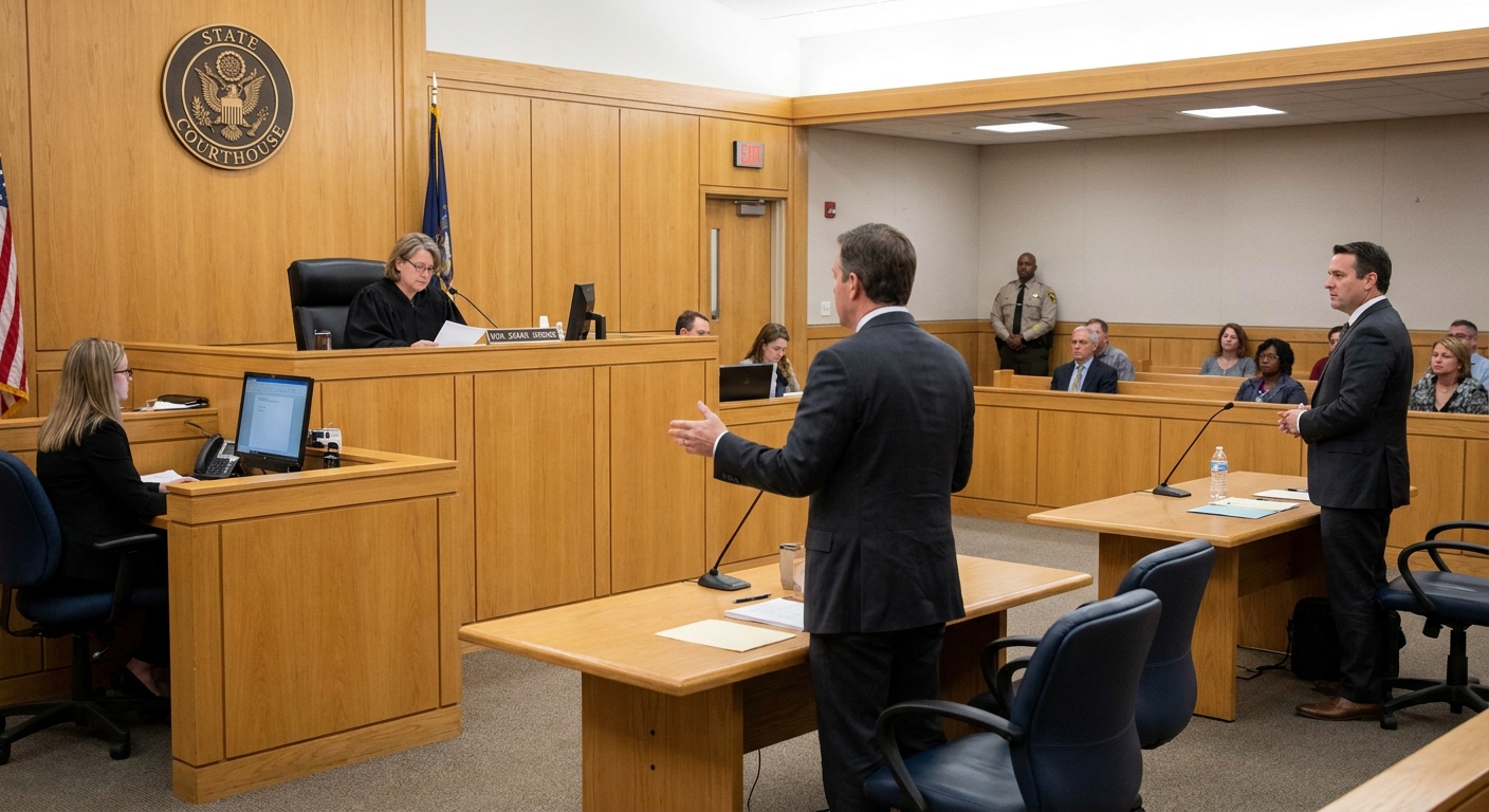 A state court judge seated on the bench during a felony preliminary hearing while attorneys stand at counsel tables in a well-lit courtroom, news photography style