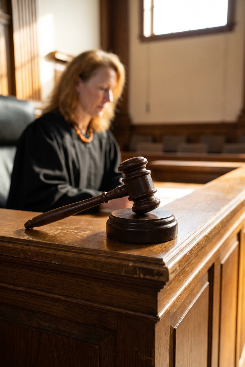 A state court judge’s wooden gavel resting on a bench in a quiet courtroom, shallow depth of field, realistic news photography