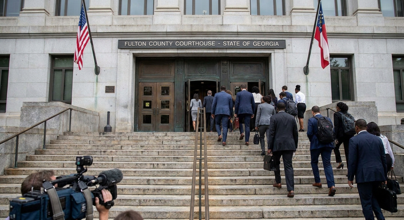 A state courthouse building in Atlanta, Georgia, with broad stone steps and people entering through large doors, daytime news photography style
