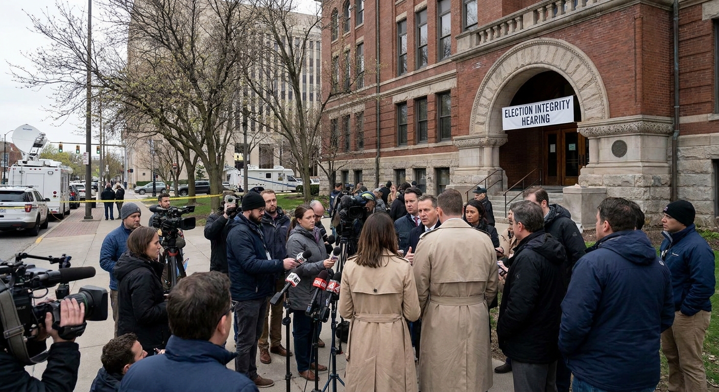 A state courthouse exterior with reporters gathered near the entrance during a high-profile election law hearing, early spring daylight, news photography style