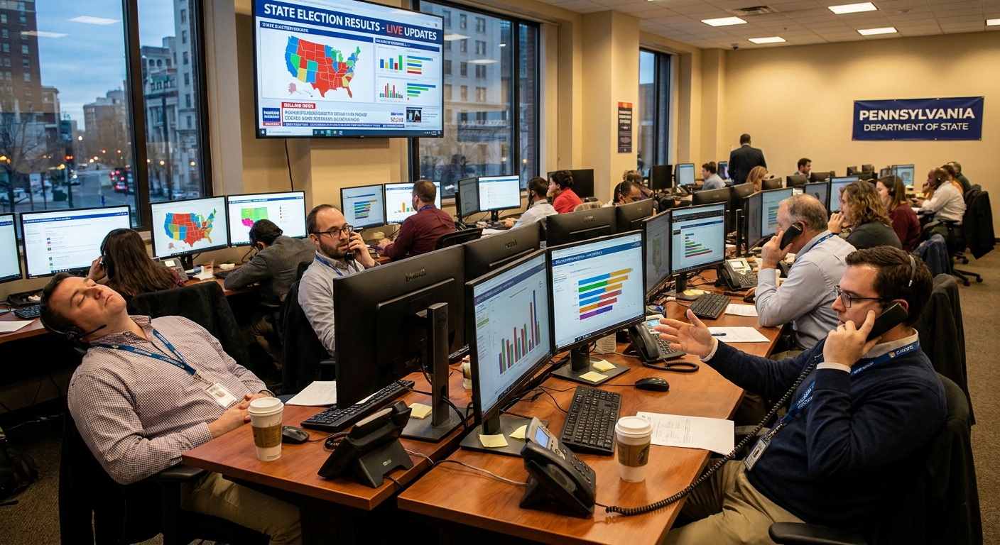 A state election operations room with staff monitoring computer screens and phones during results reporting, candid documentary photography style