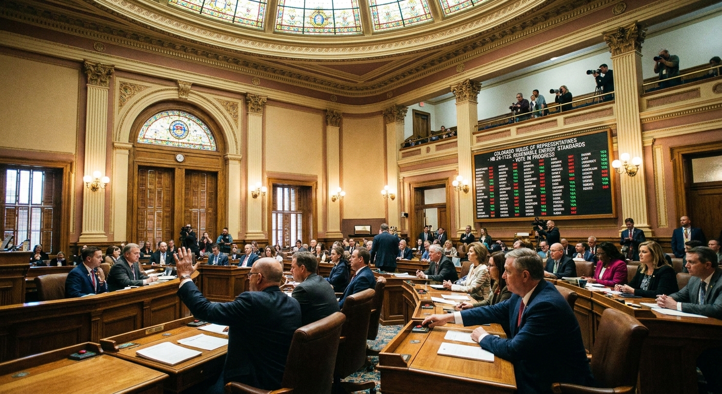 A state legislative chamber in Denver, Colorado, with lawmakers seated at desks while an electronic vote board shows active voting, news photography style